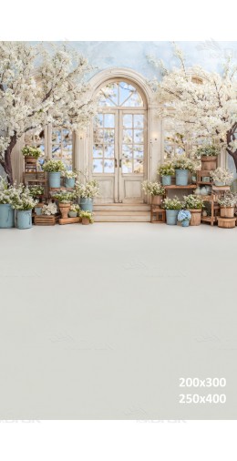 Tło fotograficzne „Wiosenny taras z kwitnącymi drzewami i pastelowymi dekoracjami” | E613